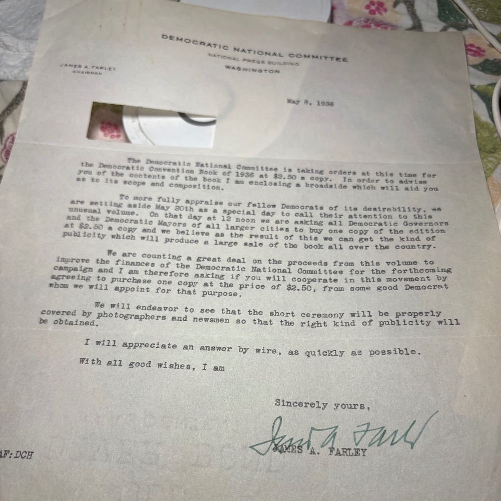 ✉️ James A. Farley — 1936 Signed Letter | DNC Chairman | FDR Roosevelt Campaign